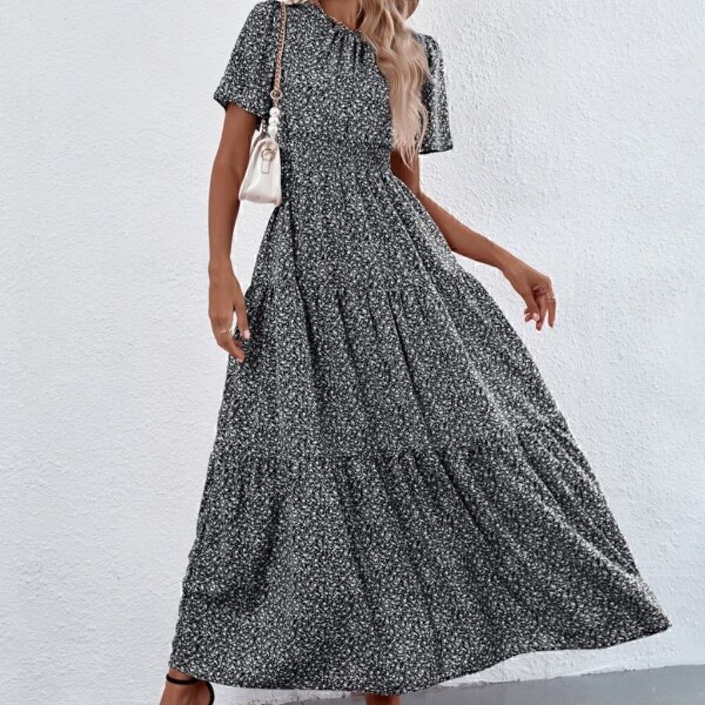NEW Super Cute Boho Ditsy Black and White Print Maxi Layered Dress Shirred Waist